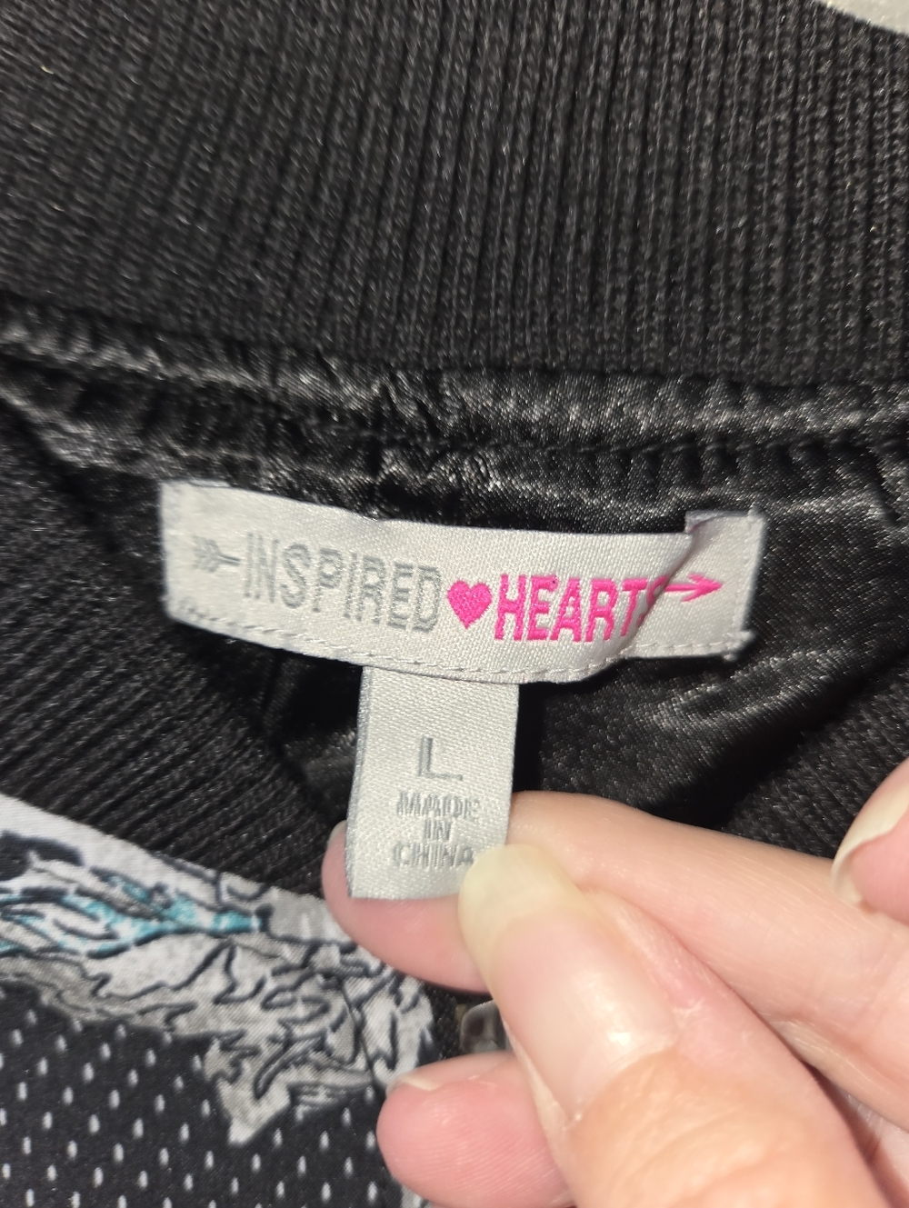 Women's Inspired Hearts Floral Polka Dot Stripe Zip Bomber Jacket - Black/Multi - Picture 5 of 13